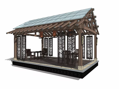 Traditional Chinese Pavilion Featuring Wooden Structure Tile Roof Carved Railings And Outdoor Seating Area 3d model