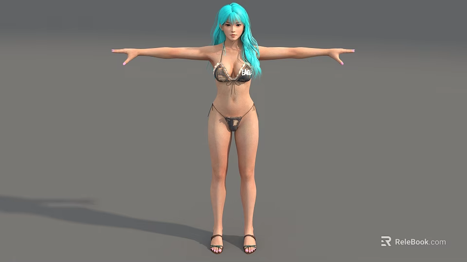 Woman with Turquoise Hair Wearing Metallic Bikini Arms Outstretched Against Gray Background 3d model 