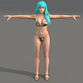 Woman with Turquoise Hair Wearing Metallic Bikini Arms Outstretched Against Gray Background