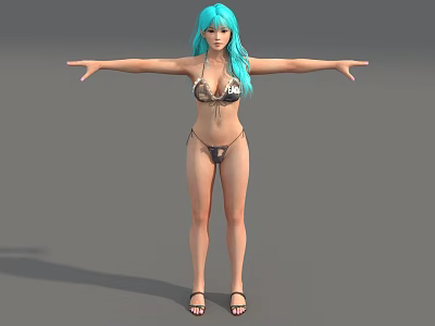 Woman with Turquoise Hair Wearing Metallic Bikini Arms Outstretched Against Gray Background 3d model