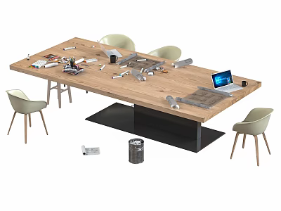 Wooden Office Desk With Laptop Office Supplies And Four Chairs Setup 3d model