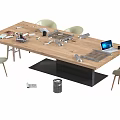 Wooden Office Desk With Laptop Office Supplies And Four Chairs Setup