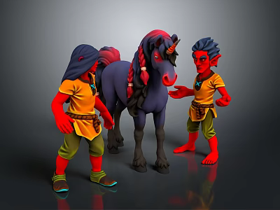 Fantasy Character Scene With Two Red Skinned Figures Purple Unicorn Yellow Shirts Green Pants 3d model