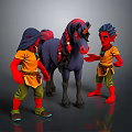 Fantasy Character Scene With Two Red Skinned Figures Purple Unicorn Yellow Shirts Green Pants