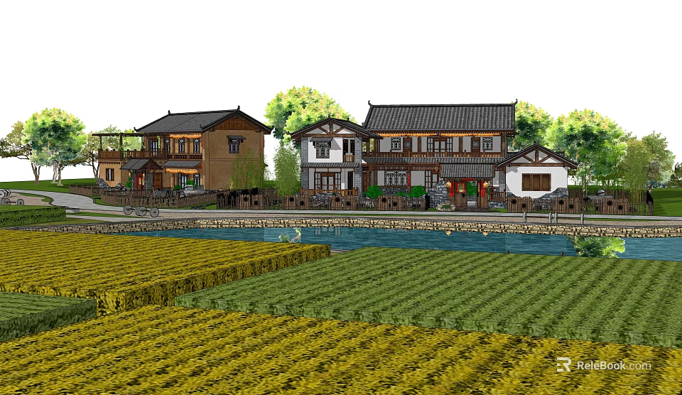 Traditional Chinese Style Houses With Trees River And Yellow Green Farmland In Rural Scene 3d model 