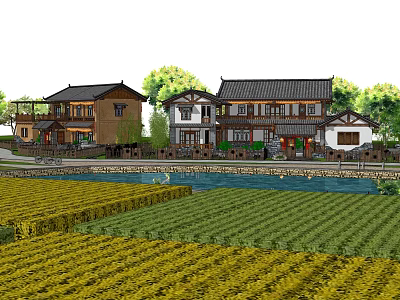 Traditional Chinese Style Houses With Trees River And Yellow Green Farmland In Rural Scene 3d model