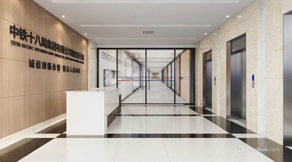 Modern Elevator Hallway Design With Reception Desk And Marble Walls Interior 3d model