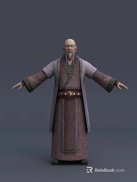 3D Model of Elderly Bearded Character in Traditional Robe with Open Arms 3d model 