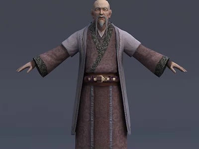 3D Model of Elderly Bearded Character in Traditional Robe with Open Arms 3d model