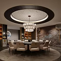 Elegant Chinese Style Private Dining Room Interior with Round Table Chandelier Wall Art and Cabinets