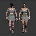 Two Female 3D Character Models Front Back Views Gray Dresses Brown Belts Leg Straps