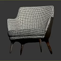 Single Sofa with Blue and White Checkered Fabric Armrest and Wooden Legs