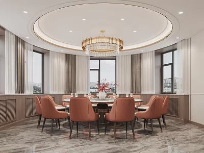 Luxurious Private Dining Room Interior With Round Table Orange Chairs Chandelier Windows And Flower Centerpiece 3d model