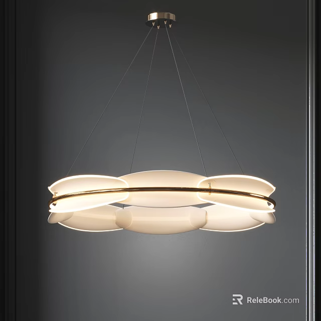 Modern Circular Multi Layered Chandelier With White Shade Gold Accents Suspended In Room 3d model 