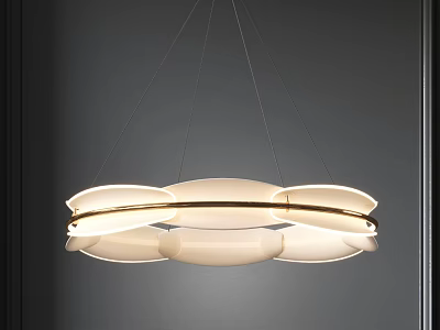 Modern Circular Multi Layered Chandelier With White Shade Gold Accents Suspended In Room 3d model