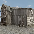 Old Western Style Wooden Building With Weathered Planks Porch And Stone Foundation