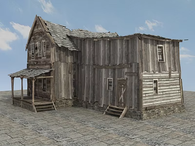 Old Western Style Wooden Building With Weathered Planks Porch And Stone Foundation 3d model