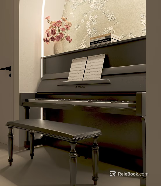Elegant Black Piano With Music Sheets On Stand And Wooden Bench Nearby Vase Flowers And Books 3d model 