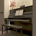 Elegant Black Piano With Music Sheets On Stand And Wooden Bench Nearby Vase Flowers And Books