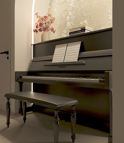 Elegant Black Piano With Music Sheets On Stand And Wooden Bench Nearby Vase Flowers And Books 3d model