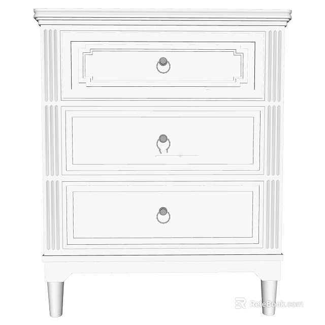 Modern Elegant White Nightstand With Three Paneled Drawers And Round Knobs 3d model