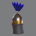 Metal Medieval Weapon Helmet Featuring Blue Feathers and Golden Decorative Band