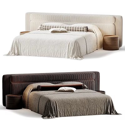 Modern Minimalist Fluted Upholstered Double Bed With Matching Round Wooden Nightstands For Elegant Home Bedroom 3d model