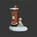 Red Postbox With Snowy Top And Bird Next To White Dog Wearing Collar