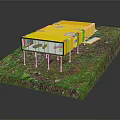 Children's Yellow Toy House Model With Pink Pillars And Transparent Windows On Green Grass Base