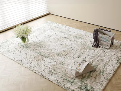 Square Area Rug On Wooden Floor With Pattern White Flower Bouquet Magazines And Dark Clothes 3d model
