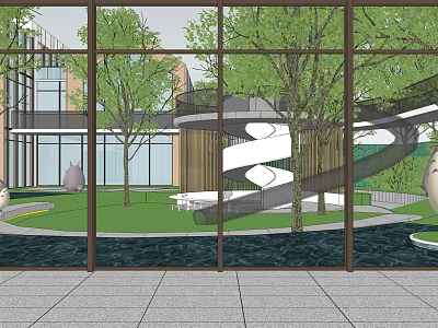 Modern Garden Landscape With Green Lawn Trees Spiral Structure And Water Pool 3d model