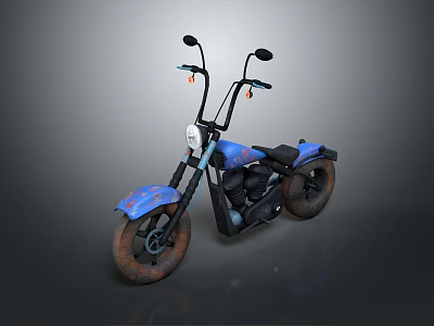 Blue Custom Motorcycle With Vintage Graphics And Worn Tires Design 3d model