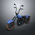 Blue Custom Motorcycle With Vintage Graphics And Worn Tires Design