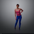 Woman In Red Floral Tank Top Blue Jeans And Black Boots On Gray Background