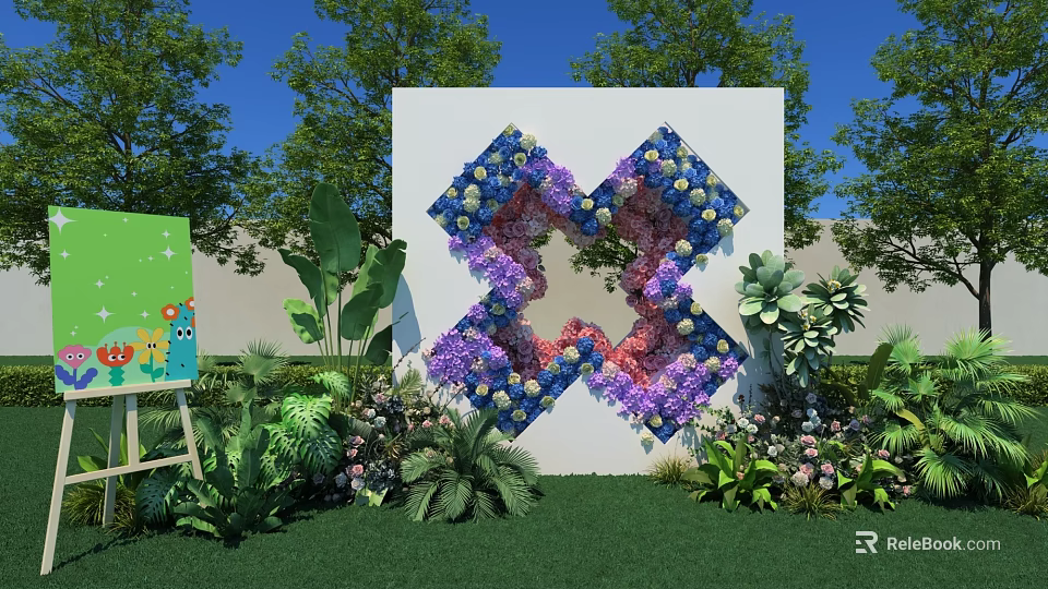 Outdoor Floral Cross Installation with Blue Purple Pink Flowers White Backdrop Green Plants and Lawn 3d model 