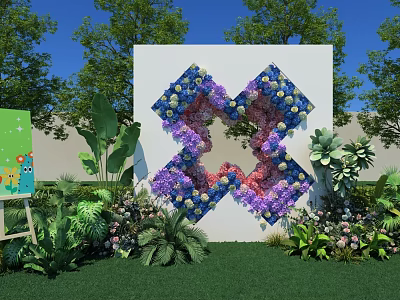 Outdoor Floral Cross Installation with Blue Purple Pink Flowers White Backdrop Green Plants and Lawn 3d model