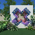 Outdoor Floral Cross Installation with Blue Purple Pink Flowers White Backdrop Green Plants and Lawn