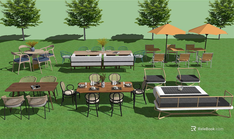 Stylish Outdoor Table And Chair Sets With Green Grass Trees And Umbrellas 3d model 