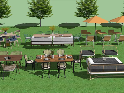 Stylish Outdoor Table And Chair Sets With Green Grass Trees And Umbrellas 3d model