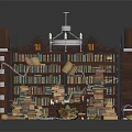Classic Library Interior Design With Wooden Bookshelves Stacks Of Open Books And Ornate Chandelier