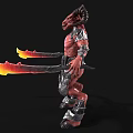 Mythical Red Skinned Demon Wielding Flaming Swords And Spiked Armor With Horns