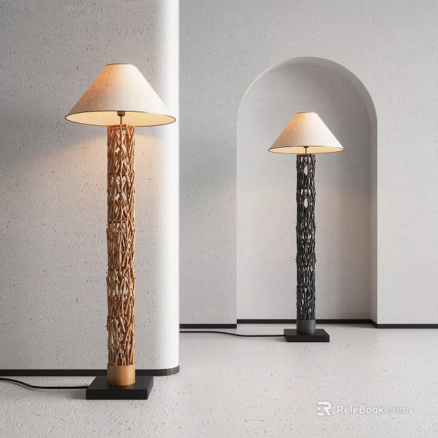Elegant Wooden And Black Floor Lamps With Woven Texture In Modern Interior 3d model 