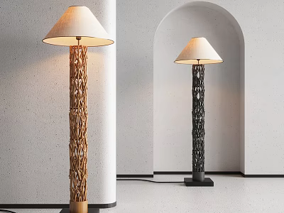 Elegant Wooden And Black Floor Lamps With Woven Texture In Modern Interior 3d model