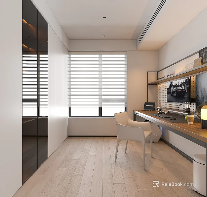 Modern Study Room Interior Design With Window Blinds Desk Chair And Cabinets 3d model
