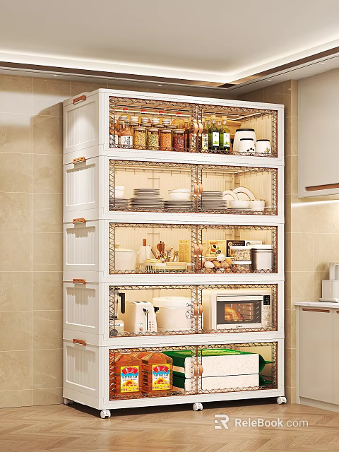 White Multi tiered Open Kitchen Cabinets With Spice Bottles Dishes And Microwave 3d model