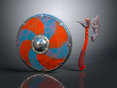 Medieval Weapons Featuring Colorful Painted Shield Ornate Battle Axe With Red Handle And Metal Details 3d model