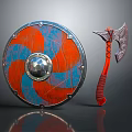 Medieval Weapons Featuring Colorful Painted Shield Ornate Battle Axe With Red Handle And Metal Details