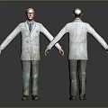 Two Bald Male Characters With Glasses Wearing Stained White Lab Coats Front Back Views