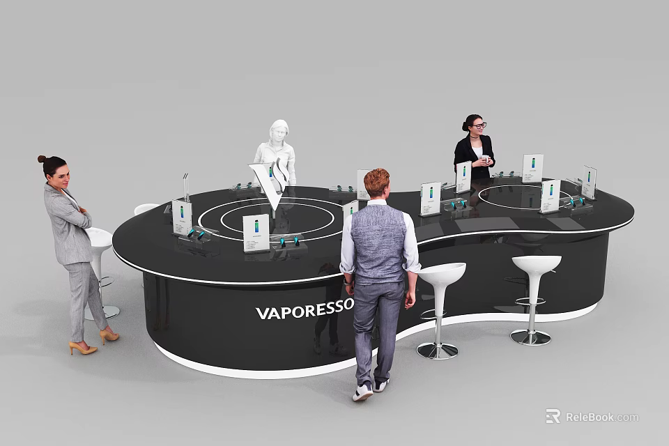 VAPORESSO Circular Display Shelves Featuring Vaping Products Bar Stools And People 3d model 