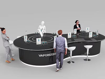 VAPORESSO Circular Display Shelves Featuring Vaping Products Bar Stools And People 3d model